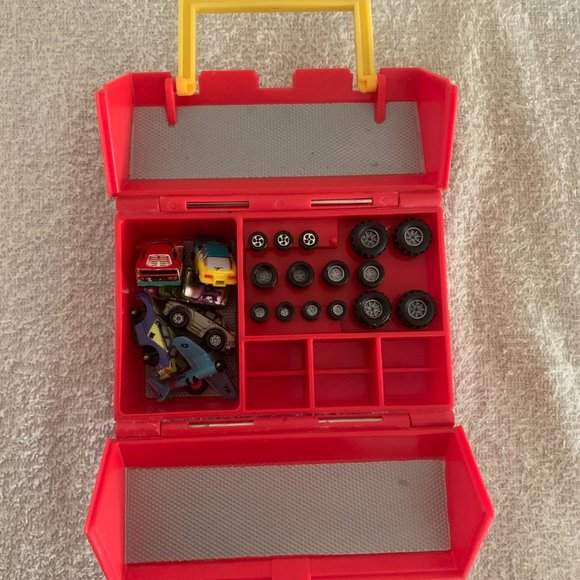 Vintage Micro Machines Toolbox with Mini Cars Motorcycle Airplane and Wheels - Picture 3 of 7